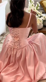 Ndyad Spaghetti Straps A Line Prom Dress Satin Pink Long Bridesmaid Dresses HZ1024