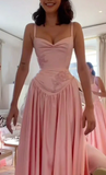 Ndyad Spaghetti Straps A Line Prom Dress Satin Pink Long Bridesmaid Dresses HZ1024