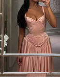 Ndyad Spaghetti Straps A Line Prom Dress Satin Pink Long Bridesmaid Dresses HZ1024