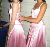 Ndyad Spaghetti Straps A Line Prom Dress Satin Pink Long Bridesmaid Dresses HZ1024