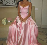 Ndyad Spaghetti Straps A Line Prom Dress Satin Pink Long Bridesmaid Dresses HZ1024