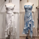Ndyad Spaghetti Straps Chiffon Satin Ruffled Prom Dresses Fairytale Party Dresses HZ1024