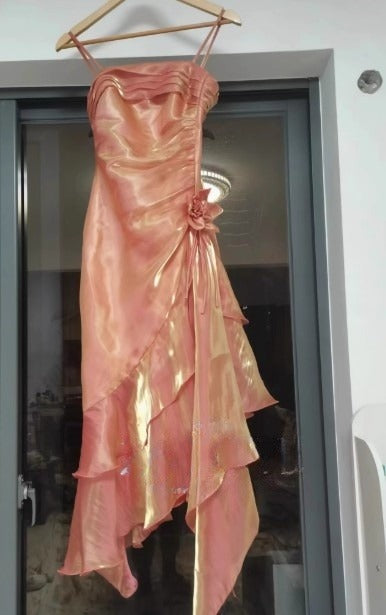 Ndyad Spaghetti Straps Chiffon Satin Ruffled Prom Dresses Fairytale Party Dresses HZ1024