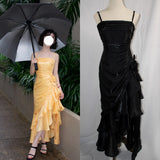 Ndyad Spaghetti Straps Chiffon Satin Ruffled Prom Dresses Fairytale Party Dresses HZ1024