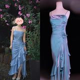 Ndyad Spaghetti Straps Chiffon Satin Ruffled Prom Dresses Fairytale Party Dresses HZ1024