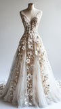 Ndyad A-line V-neck Tulle 3D Applique Wedding Dress Simple Beaded Evening Gown HZ1024