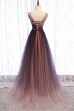 Ndyad Deep V neck Pleated Purple Tulle Formal Prom Dress Flowing HZ1024