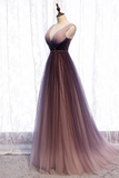 Ndyad Deep V neck Pleated Purple Tulle Formal Prom Dress Flowing HZ1024