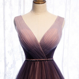 Ndyad Deep V neck Pleated Purple Tulle Formal Prom Dress Flowing HZ1024