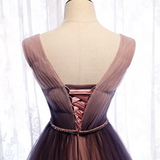Ndyad Deep V neck Pleated Purple Tulle Formal Prom Dress Flowing HZ1024