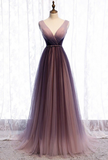 Ndyad Deep V neck Pleated Purple Tulle Formal Prom Dress Flowing HZ1024