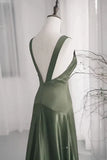 Evafashion A-Line Dark Green SatinV-Neckline Low Back Prom Dress, Dark Green Formal Dress HZ1024