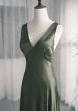 Evafashion A-Line Dark Green SatinV-Neckline Low Back Prom Dress, Dark Green Formal Dress HZ1024