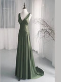 Evafashion A-Line Dark Green SatinV-Neckline Low Back Prom Dress, Dark Green Formal Dress HZ1024