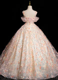 Ndyad A-line Spaghetti Straps Lace Tulle Flowers Sweetheart Long Prom Dress, Pink Off Shoulder Sweet 16 Dress HZ1024