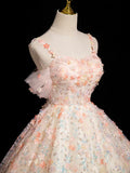 Ndyad A-line Spaghetti Straps Lace Tulle Flowers Sweetheart Long Prom Dress, Pink Off Shoulder Sweet 16 Dress HZ1024