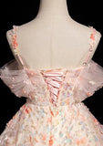 Ndyad A-line Spaghetti Straps Lace Tulle Flowers Sweetheart Long Prom Dress, Pink Off Shoulder Sweet 16 Dress HZ1024