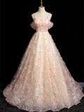 Ndyad A-line Spaghetti Straps Lace Tulle Flowers Sweetheart Long Prom Dress, Pink Off Shoulder Sweet 16 Dress HZ1024