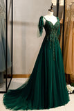 Ndyad A-line V-Neck Tulle Beaded Long Prom Dress, Elegant Spaghetti Straps Lace Evening Dress HZ1024