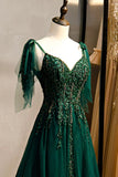 Ndyad A-line V-Neck Tulle Beaded Long Prom Dress, Elegant Spaghetti Straps Lace Evening Dress HZ1024