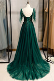 Ndyad A-line V-Neck Tulle Beaded Long Prom Dress, Elegant Spaghetti Straps Lace Evening Dress HZ1024