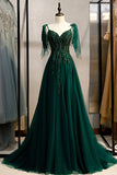 Ndyad A-line V-Neck Tulle Beaded Long Prom Dress, Elegant Spaghetti Straps Lace Evening Dress HZ1024