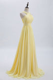 Ndyad Front Pale Yellow Pleated Chiffon Long Bridesmaid Dress Long Prom Dress HZ1024