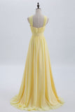 Ndyad Front Pale Yellow Pleated Chiffon Long Bridesmaid Dress Long Prom Dress HZ1024