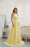 Ndyad Front Pale Yellow Pleated Chiffon Long Bridesmaid Dress Long Prom Dress HZ1024