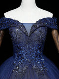 Ndyad Blue A-Line Tulle Beading Off Shoulder Party Dress, Navy Blue Lace Applique Sequin Prom Dress HZ1024