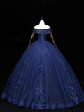 Ndyad Blue A-Line Tulle Beading Off Shoulder Party Dress, Navy Blue Lace Applique Sequin Prom Dress HZ1024