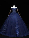 Ndyad Blue A-Line Tulle Beading Off Shoulder Party Dress, Navy Blue Lace Applique Sequin Prom Dress HZ1024