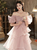 Evafashion A-line Off Shoulder Tulle Sequins Long Prom Dress, Pink Sweet 16 Dress HZ1024