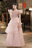 Evafashion A-line Off Shoulder Tulle Sequins Long Prom Dress, Pink Sweet 16 Dress HZ1024