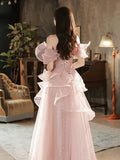 Evafashion A-line Off Shoulder Tulle Sequins Long Prom Dress, Pink Sweet 16 Dress HZ1024