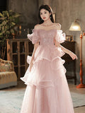 Evafashion A-line Off Shoulder Tulle Sequins Long Prom Dress, Pink Sweet 16 Dress HZ1024