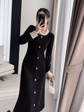 Ndyad high-end heavy-duty Hepburn style long-sleeved autumn and winter knitted long skirt HZ1024