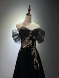 Evafashion A-line Off Shoulder Tulle Velvet Long Prom Dress,Sequin Formal Evening Dress HZ1024