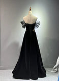 Evafashion A-line Off Shoulder Tulle Velvet Long Prom Dress,Sequin Formal Evening Dress HZ1024