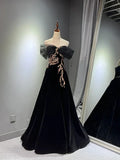 Evafashion A-line Off Shoulder Tulle Velvet Long Prom Dress,Sequin Formal Evening Dress HZ1024