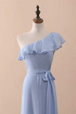 Evafashion A-Line One-Shoulder Ruffled Chiffon Long Bridesmaid Dress Prom Dress HZ1024