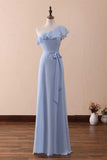 Evafashion A-Line One-Shoulder Ruffled Chiffon Long Bridesmaid Dress Prom Dress HZ1024