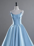 Ndyad A-Line Spaghetti Straps Satin Long Prom Dress, Blue Long Evening Dress HZ1024