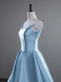 Ndyad A-Line Spaghetti Straps Satin Long Prom Dress, Blue Long Evening Dress HZ1024