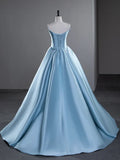Ndyad A-Line Spaghetti Straps Satin Long Prom Dress, Blue Long Evening Dress HZ1024
