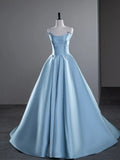 Ndyad A-Line Spaghetti Straps Satin Long Prom Dress, Blue Long Evening Dress HZ1024