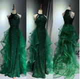 Evafashion A-Line Halter Sparkly Sequins Long Prom Dresses Navy Blue Evening Dresses HZ1024