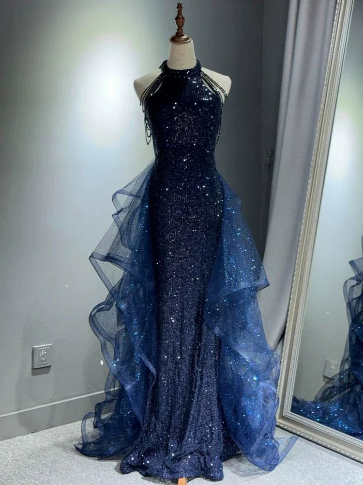 Evafashion A-Line Halter Sparkly Sequins Long Prom Dresses Navy Blue Evening Dresses HZ1024