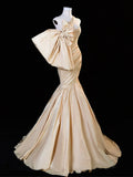 Ndyad One Shoulder Satin Champagne Long Prom Dress, Champagne Long Evening Dress HZ1024