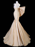 Ndyad One Shoulder Satin Champagne Long Prom Dress, Champagne Long Evening Dress HZ1024